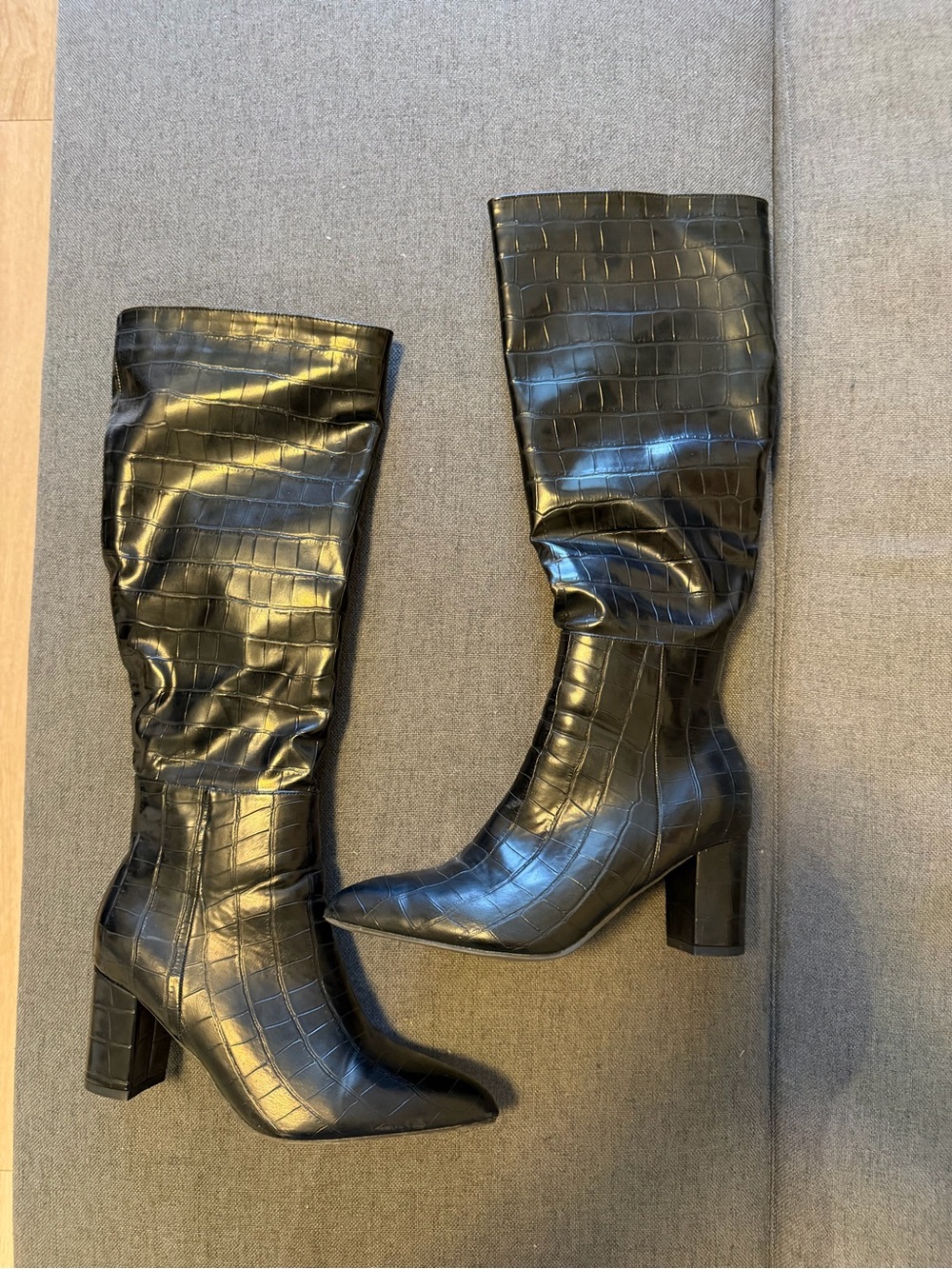 Women's Black Croc-Embossed Knee High Block Heel Boots